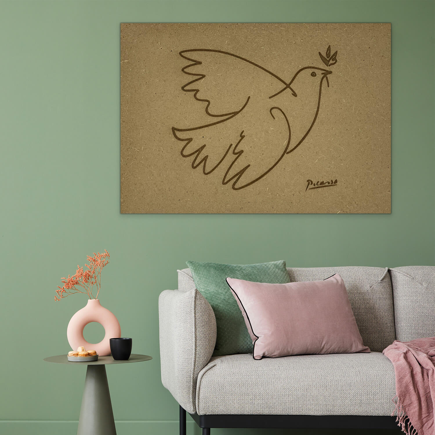 Poster en bois inspiré du dessin du célèbre peintre Picasso "La colombe de la Paix".