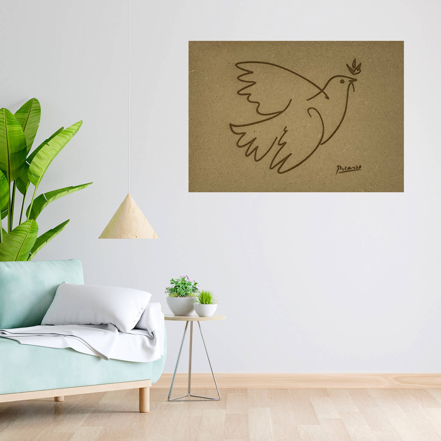 Poster en bois inspiré du dessin du célèbre peintre Picasso "La colombe de la Paix".